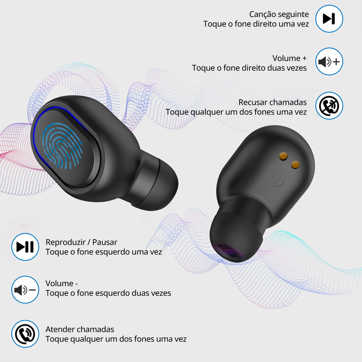 Fones AUT114 Pretos posicionados lado a lado com pontas de silicone