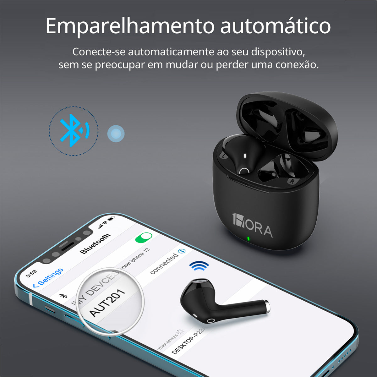 Fone Bluetooth Sem Fio 1HORA AUT201 – USB‑C, Som Imersivo e 22h de Bateria