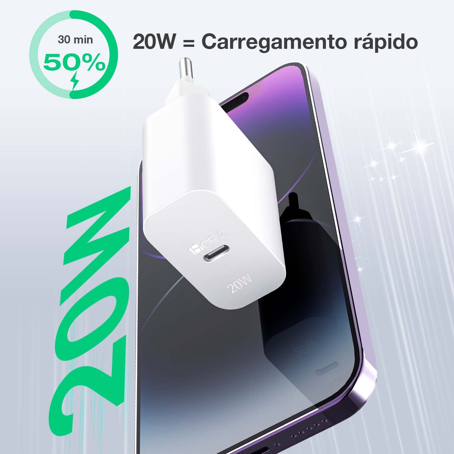 Detalhe da porta USB-C do carregador GAR152 com acabamento preciso e seguro