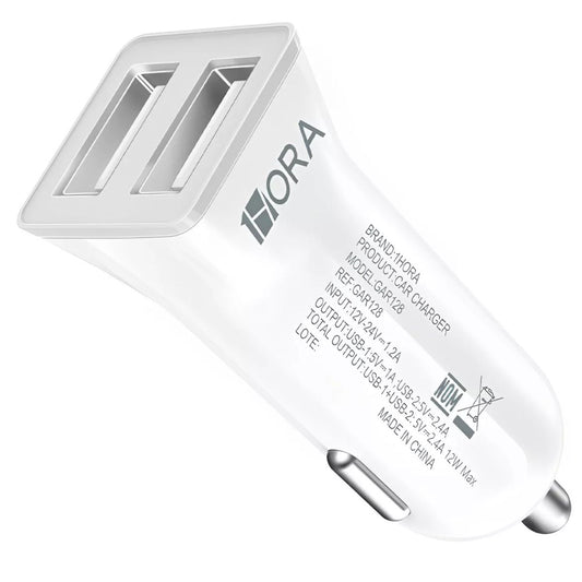 Carregador veicular USB branco modelo GAR128 com duas portas da marca 1HORA
